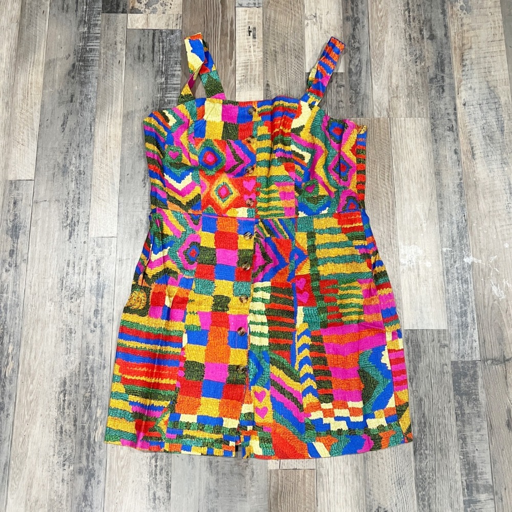 Farm Rio Mixed Patchwork Geometric Button Front Mini Dress Multicolor | Size XL